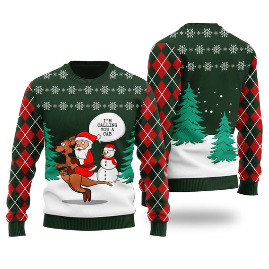 Santa Riding Kangaroo Ugly Christmas Sweater Forest Green