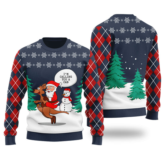 Santa Riding Kangaroo Ugly Christmas Sweater Navy