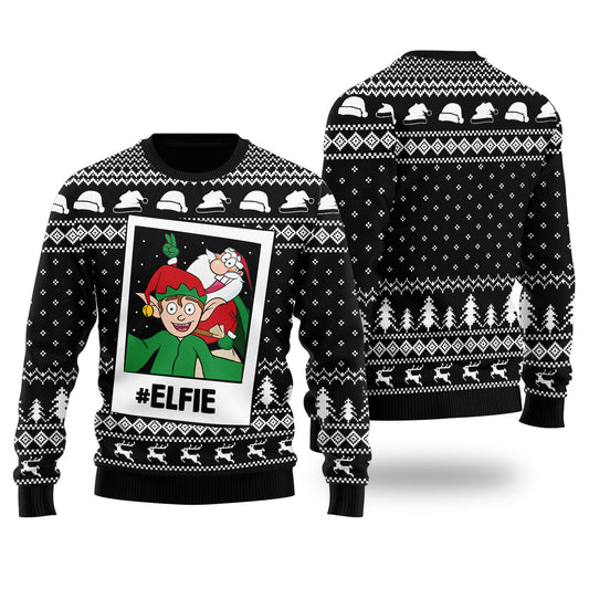 Funny Elfie Santa And Elf Ugly Christmas Sweater Black