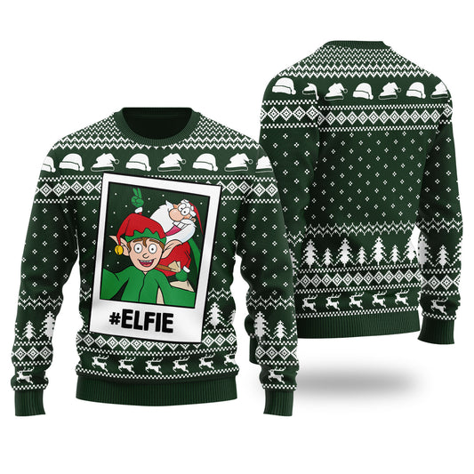 Funny Elfie Santa And Elf Ugly Christmas Sweater Forest Green
