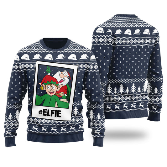 Funny Elfie Santa And Elf Ugly Christmas Sweater Navy