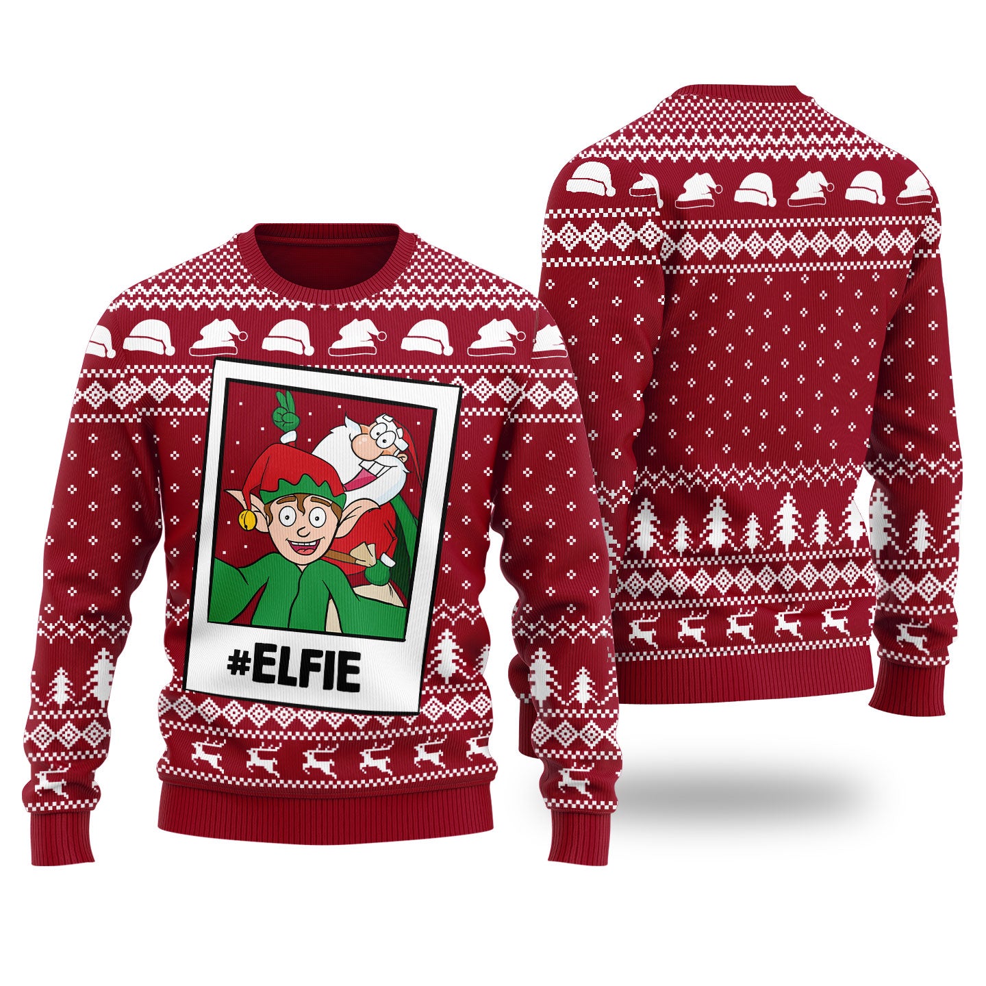 Funny Elfie Santa And Elf Ugly Christmas Sweater Cardinal Red