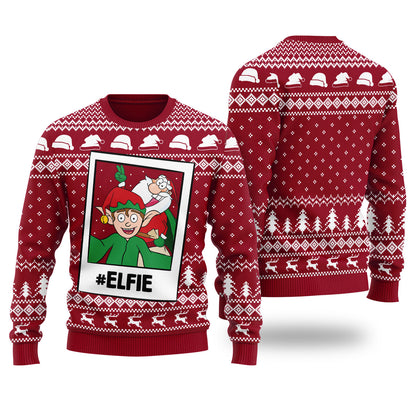 Funny Elfie Santa And Elf Ugly Christmas Sweater Cardinal Red