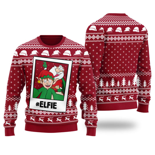 Funny Elfie Santa And Elf Ugly Christmas Sweater Cardinal Red