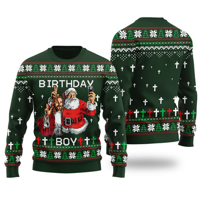 Birthday Boy Funny Christmas Sweater Forest Green