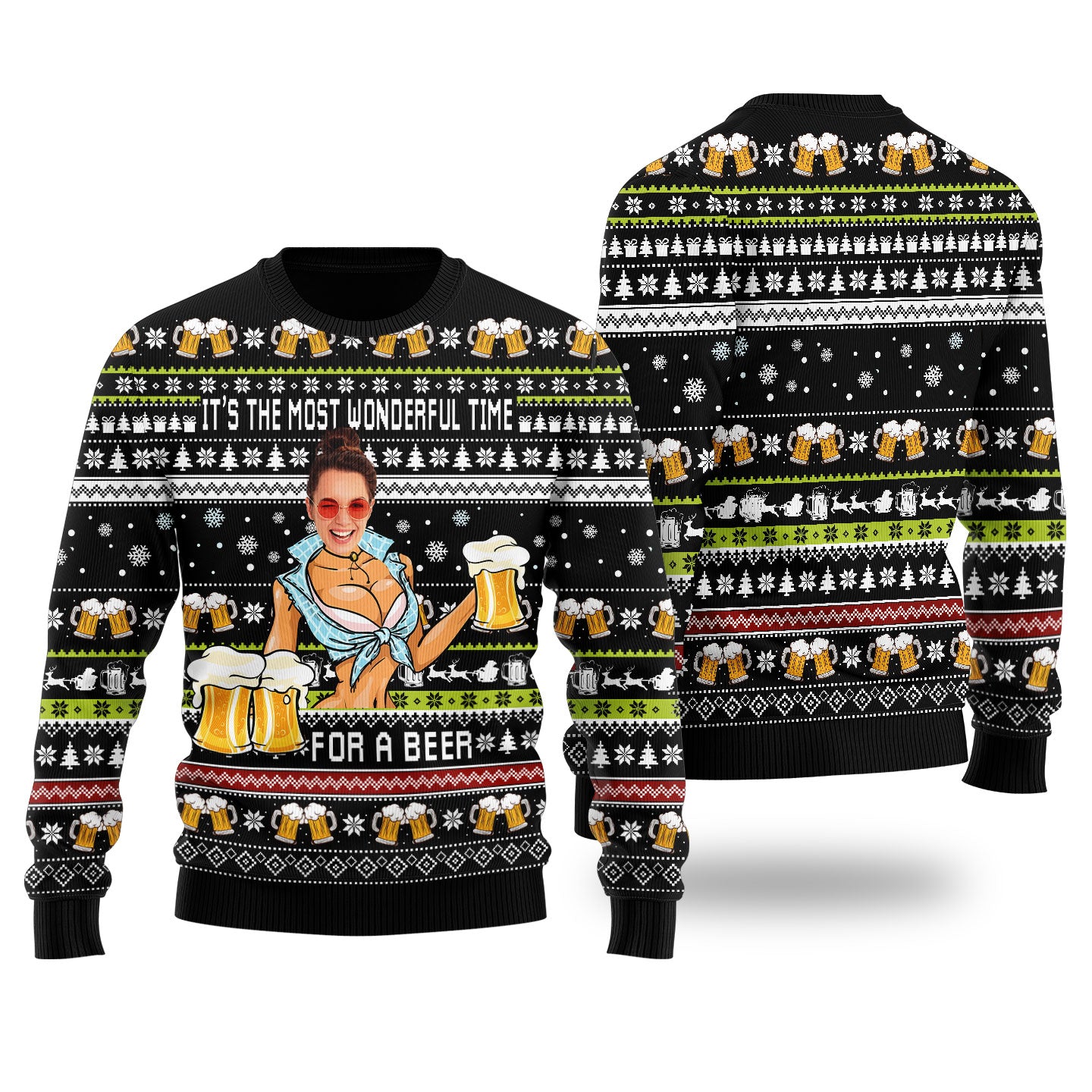 Itâ€™s The Most Wonderful Time For A Beer Custom Face Ugly Christmas Sweater Black - Funny Ugly Christmas Sweater