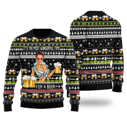 Itâ€™s The Most Wonderful Time For A Beer Custom Face Ugly Christmas Sweater Black - Funny Ugly Christmas Sweater