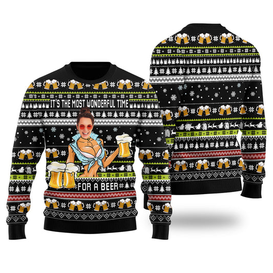 Itâ€™s The Most Wonderful Time For A Beer Custom Face Ugly Christmas Sweater Black - Funny Ugly Christmas Sweater