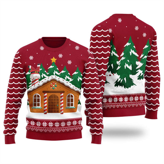 Men Vintage Gingerbread House Christmas Sweater Cardinal Red - Funny Ugly Christmas Sweater