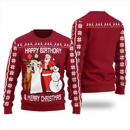 Happy Birthday Jesus Mens Ugly Christmas Sweater Cardinal Red