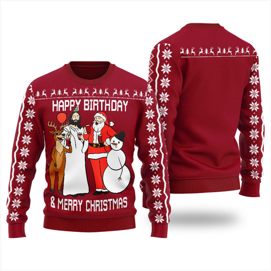 Happy Birthday Jesus Mens Ugly Christmas Sweater Cardinal Red