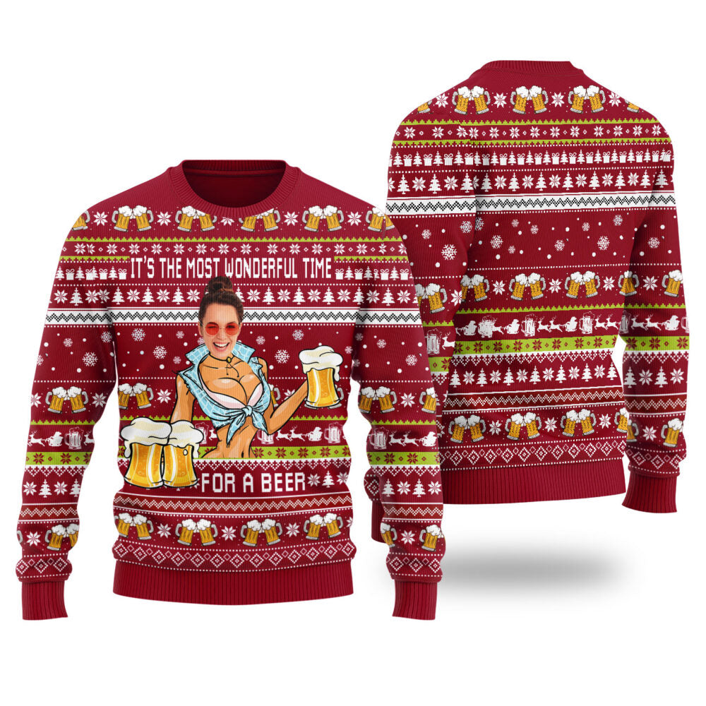 Itâ€™s The Most Wonderful Time For A Beer Custom Face Ugly Christmas Sweater Cardinal Red - Funny Ugly Christmas Sweater