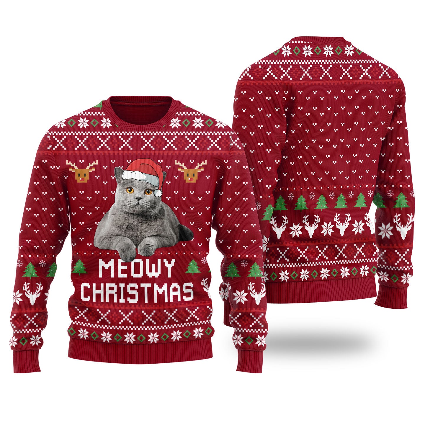 Meowy Christmas Custom Cat Christmas Sweater Cardinal Red - Funny Ugly Christmas Sweater