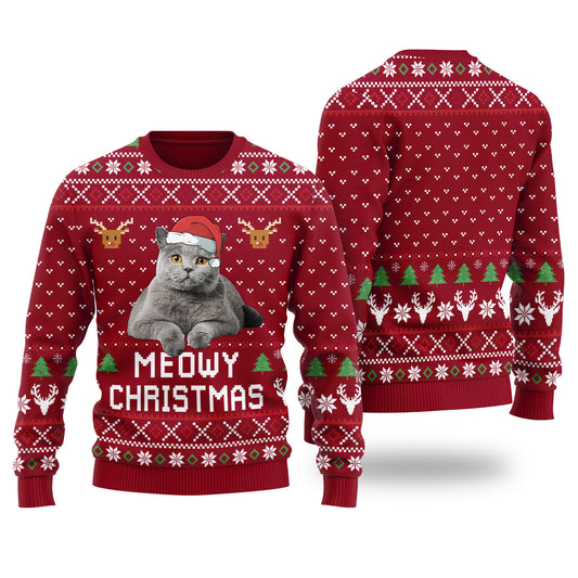 Meowy Christmas Custom Cat Christmas Sweater Cardinal Red - Funny Ugly Christmas Sweater