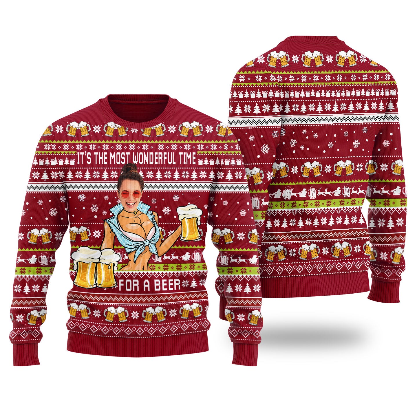 Itâ€™s The Most Wonderful Time For A Beer Custom Face Ugly Christmas Sweater Cardinal Red - Funny Ugly Christmas Sweater