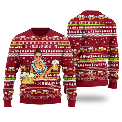 Itâ€™s The Most Wonderful Time For A Beer Custom Face Ugly Christmas Sweater Cardinal Red - Funny Ugly Christmas Sweater