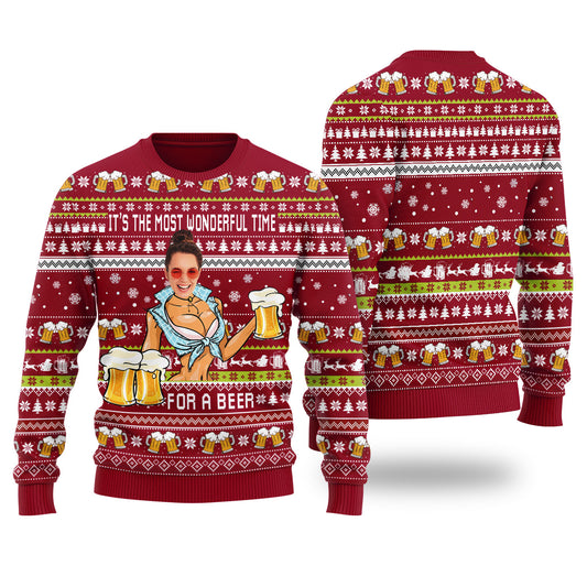 Itâ€™s The Most Wonderful Time For A Beer Custom Face Ugly Christmas Sweater Cardinal Red - Funny Ugly Christmas Sweater