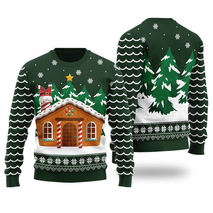 Cute Gingerbread House Women's Ugly Christmas Sweater Forest Green - Funny Ugly Christmas Sweater