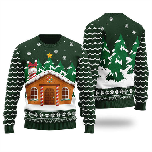 Cute Gingerbread House Women's Ugly Christmas Sweater Forest Green - Funny Ugly Christmas Sweater