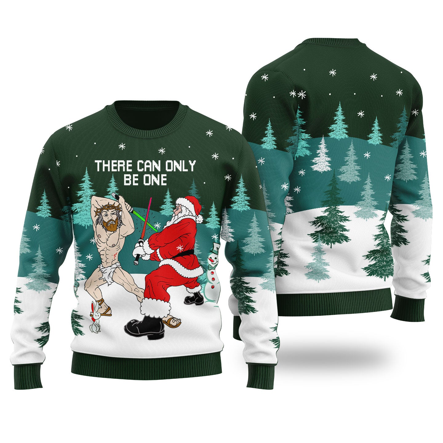 Santa Fighting For Christmas Ugly Christmas Sweater Forest Green - Funny Ugly Christmas Sweater