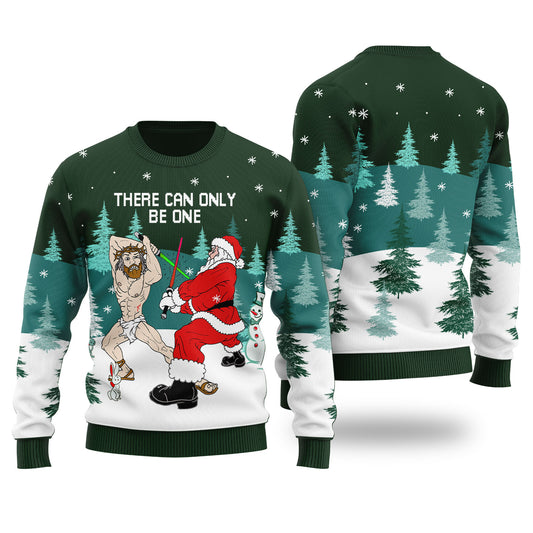 Santa Fighting For Christmas Ugly Christmas Sweater Forest Green - Funny Ugly Christmas Sweater