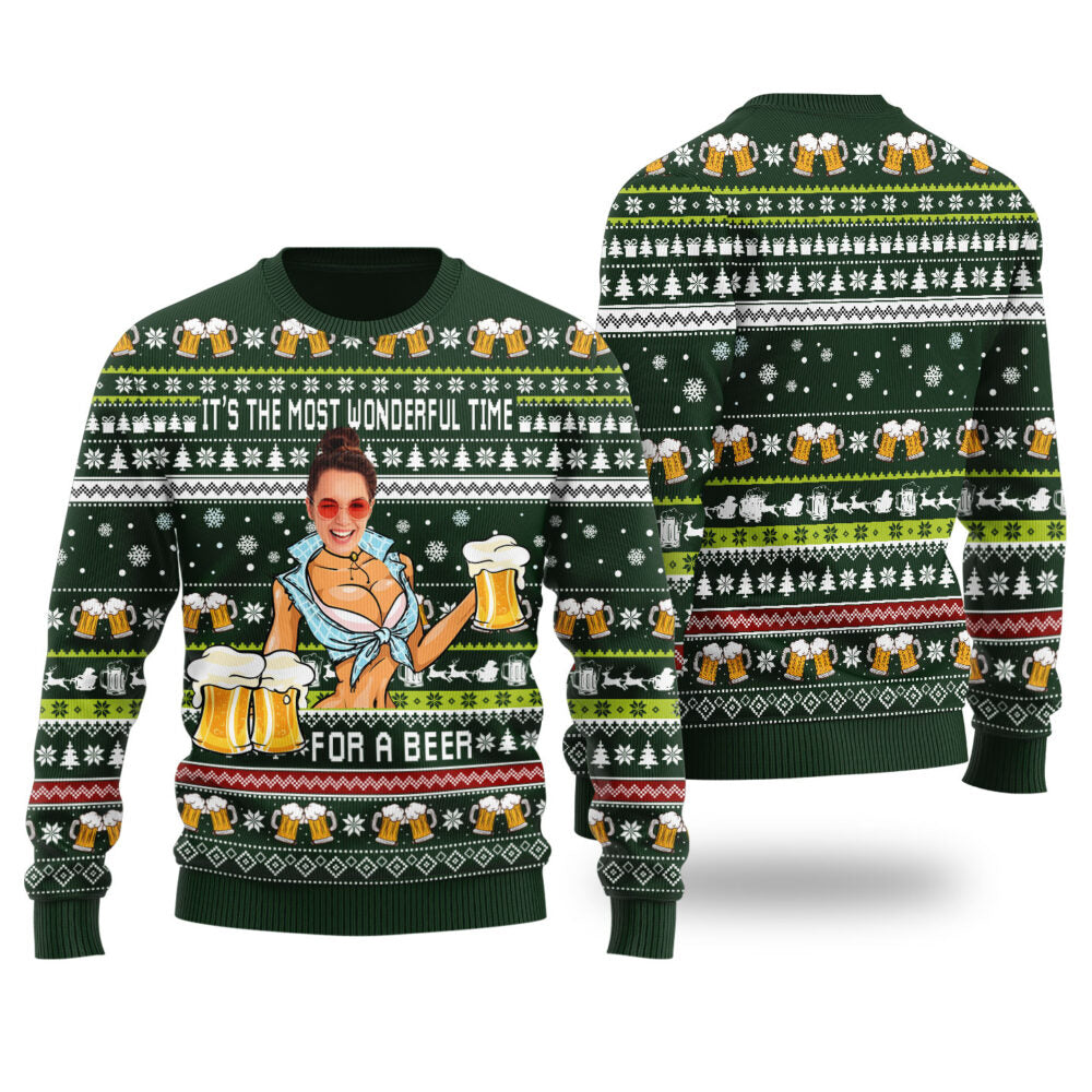 Itâ€™s The Most Wonderful Time For A Beer Custom Face Ugly Christmas Sweater Forest Green - Funny Ugly Christmas Sweater