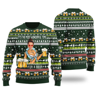 Itâ€™s The Most Wonderful Time For A Beer Custom Face Ugly Christmas Sweater Forest Green - Funny Ugly Christmas Sweater