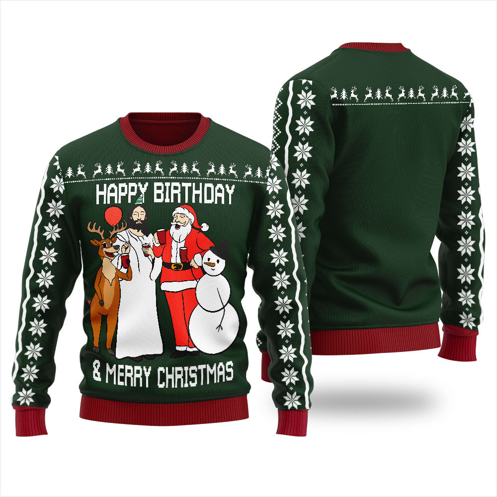 Happy Birthday & Merry Christmas Women's Ugly Sweater Forest Green