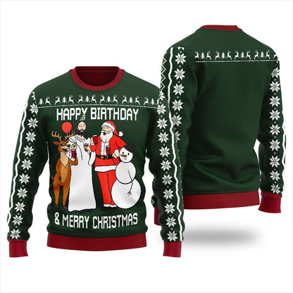Happy Birthday & Merry Christmas Women's Ugly Sweater Forest Green