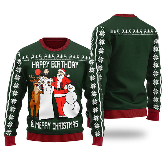Happy Birthday & Merry Christmas Women's Ugly Sweater Forest Green