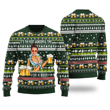 Itâ€™s The Most Wonderful Time For A Beer Custom Face Ugly Christmas Sweater Forest Green - Funny Ugly Christmas Sweater