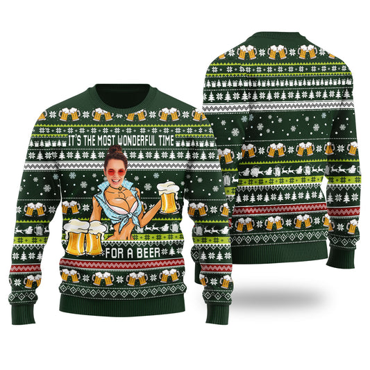 Itâ€™s The Most Wonderful Time For A Beer Custom Face Ugly Christmas Sweater Forest Green - Funny Ugly Christmas Sweater