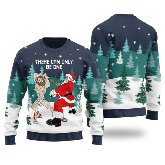 Santa Fighting For Christmas Ugly Christmas Sweater Navy - Funny Ugly Christmas Sweater