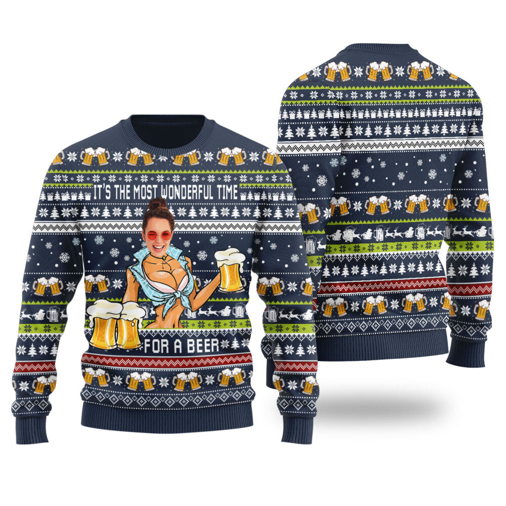 Itâ€™s The Most Wonderful Time For A Beer Custom Face Ugly Christmas Sweater Navy - Funny Ugly Christmas Sweater