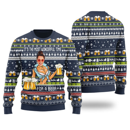 Itâ€™s The Most Wonderful Time For A Beer Custom Face Ugly Christmas Sweater Navy - Funny Ugly Christmas Sweater