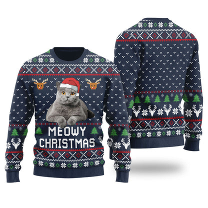 Meowy Christmas Custom Cat Christmas Sweater Navy - Funny Ugly Christmas Sweater