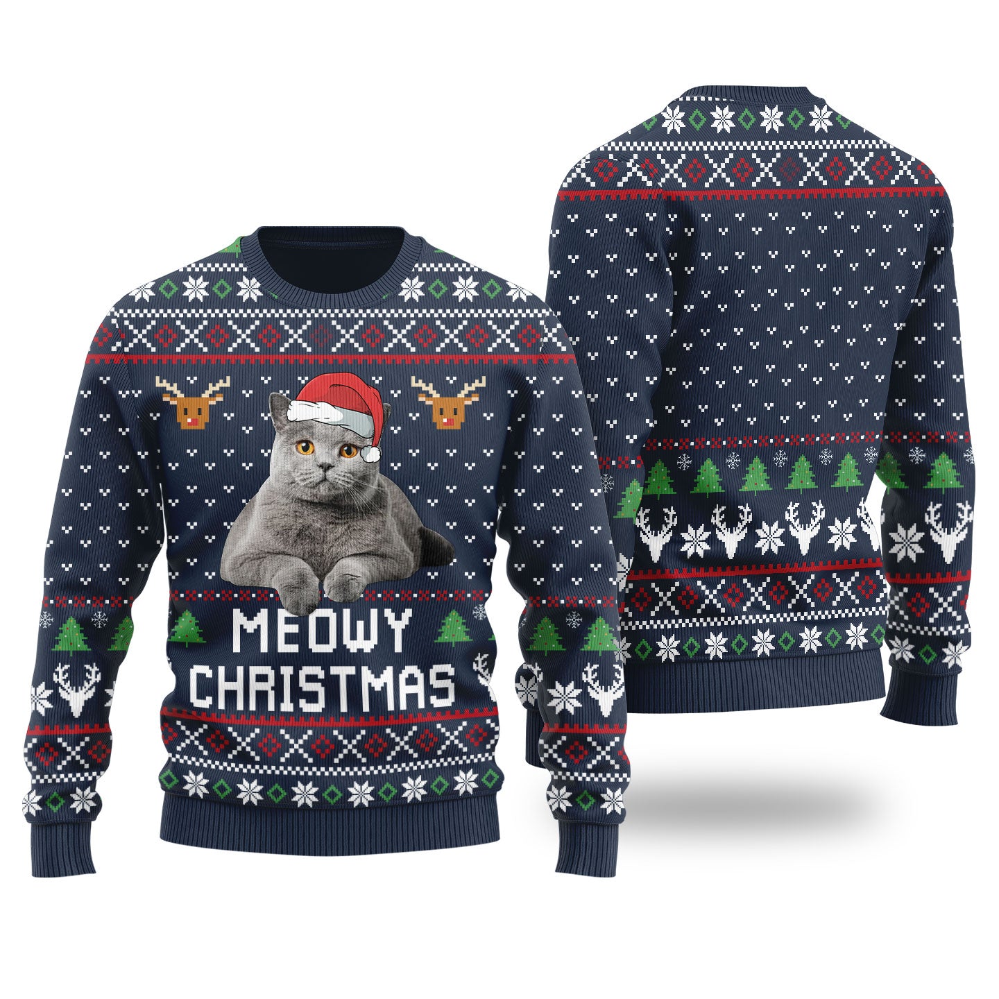 Meowy Christmas Custom Cat Christmas Sweater Navy - Funny Ugly Christmas Sweater