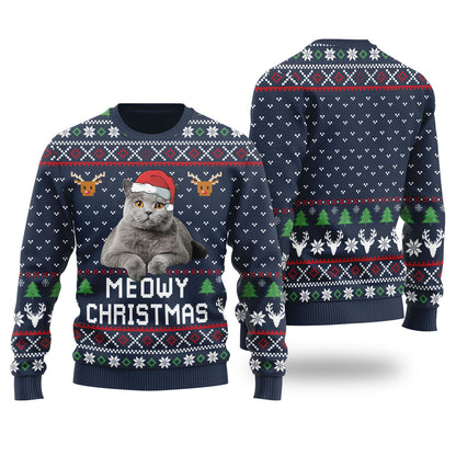 Meowy Christmas Custom Cat Christmas Sweater Navy - Funny Ugly Christmas Sweater