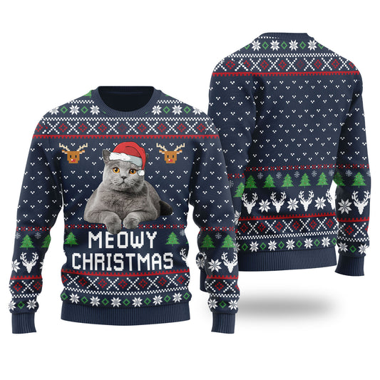 Meowy Christmas Custom Cat Christmas Sweater Navy - Funny Ugly Christmas Sweater