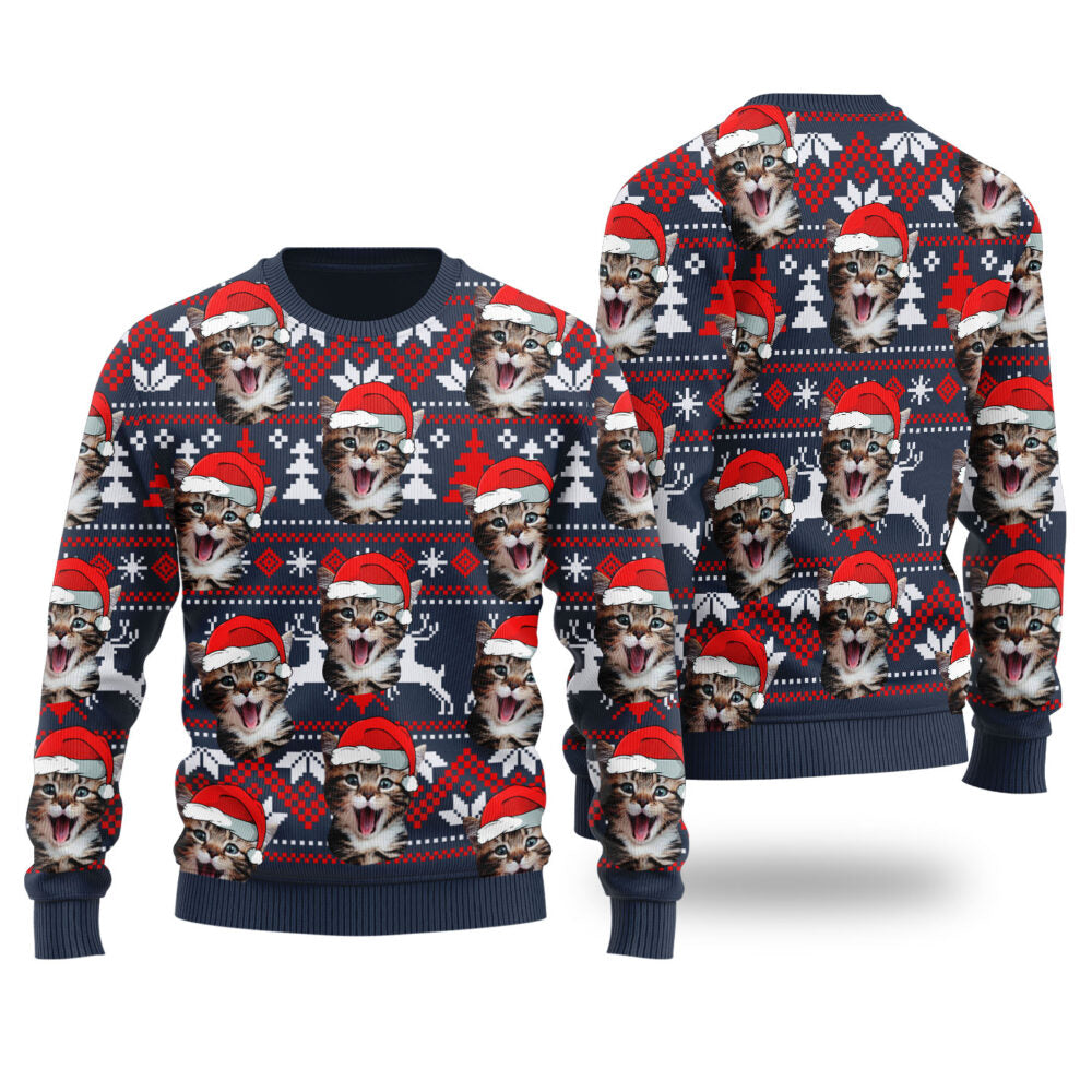 Cat Dad Cat Mom Custom Pet Christmas Sweater Navy - Funny Ugly Christmas Sweater