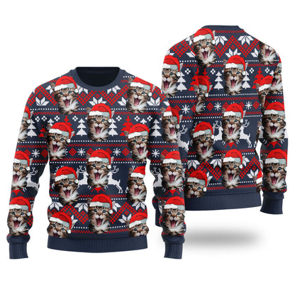 Cat Dad Cat Mom Custom Pet Christmas Sweater Navy - Funny Ugly Christmas Sweater