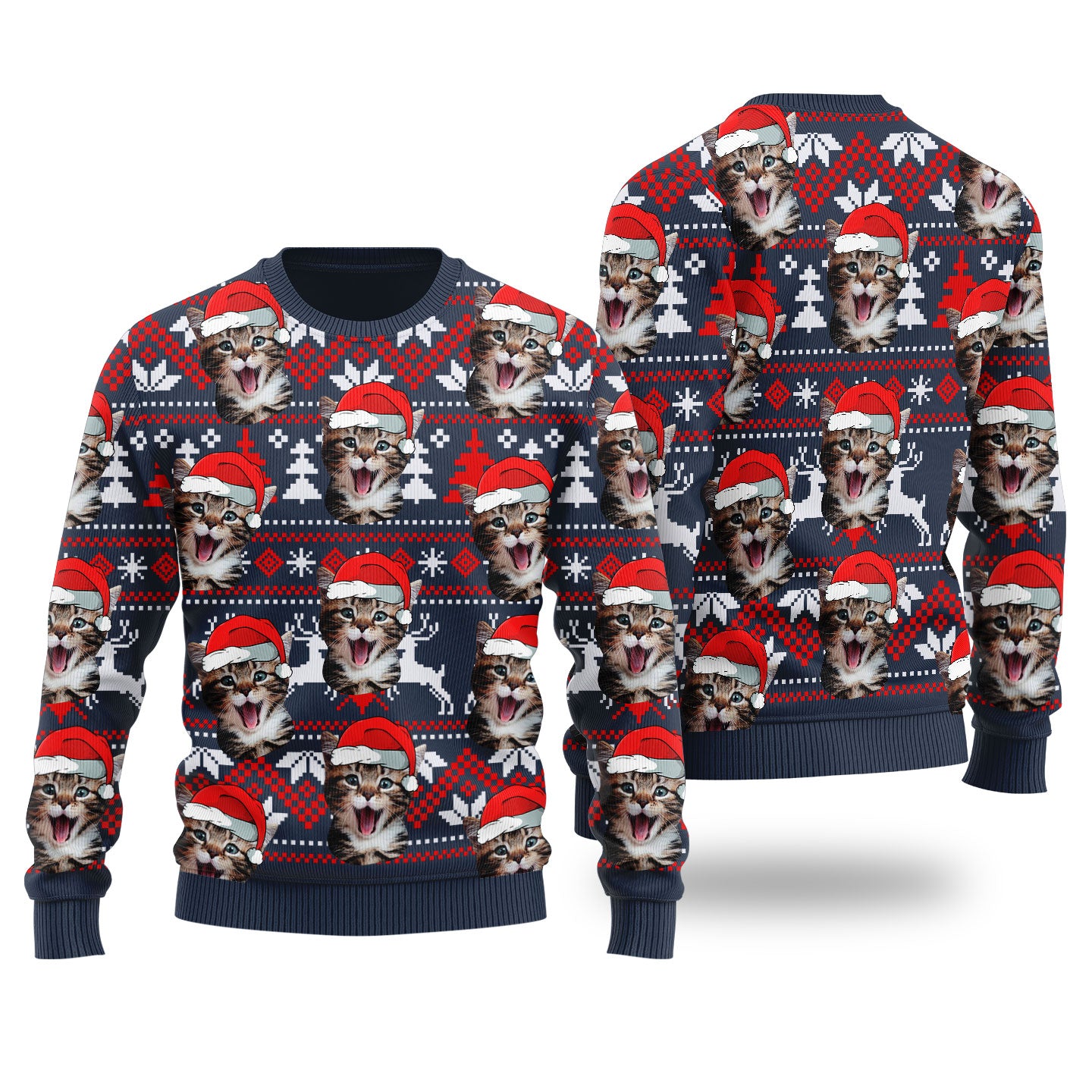Cat Dad Cat Mom Custom Pet Christmas Sweater Navy - Funny Ugly Christmas Sweater