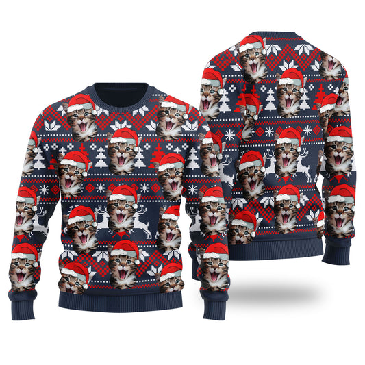 Cat Dad Cat Mom Custom Pet Christmas Sweater Navy - Funny Ugly Christmas Sweater