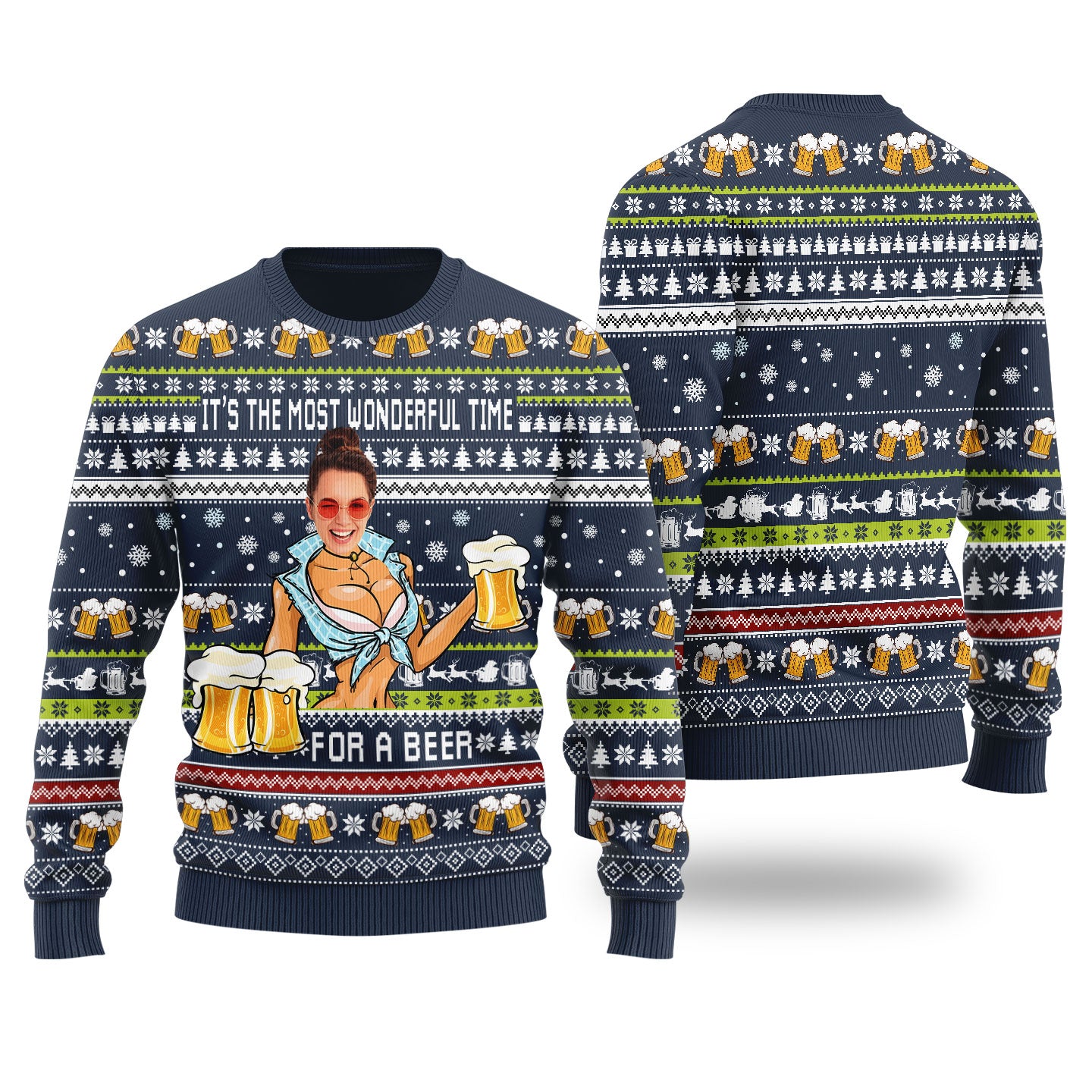 Itâ€™s The Most Wonderful Time For A Beer Custom Face Ugly Christmas Sweater Navy - Funny Ugly Christmas Sweater