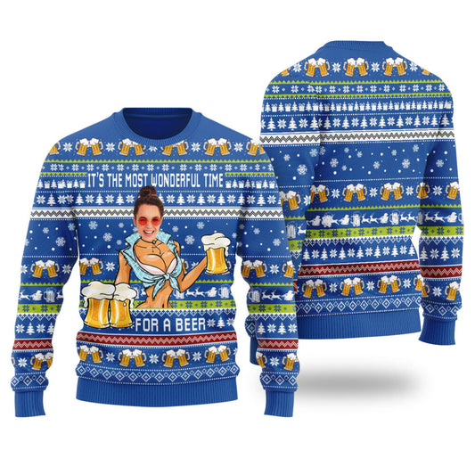 Itâ€™s The Most Wonderful Time For A Beer Custom Face Ugly Christmas Sweater Royal - Funny Ugly Christmas Sweater
