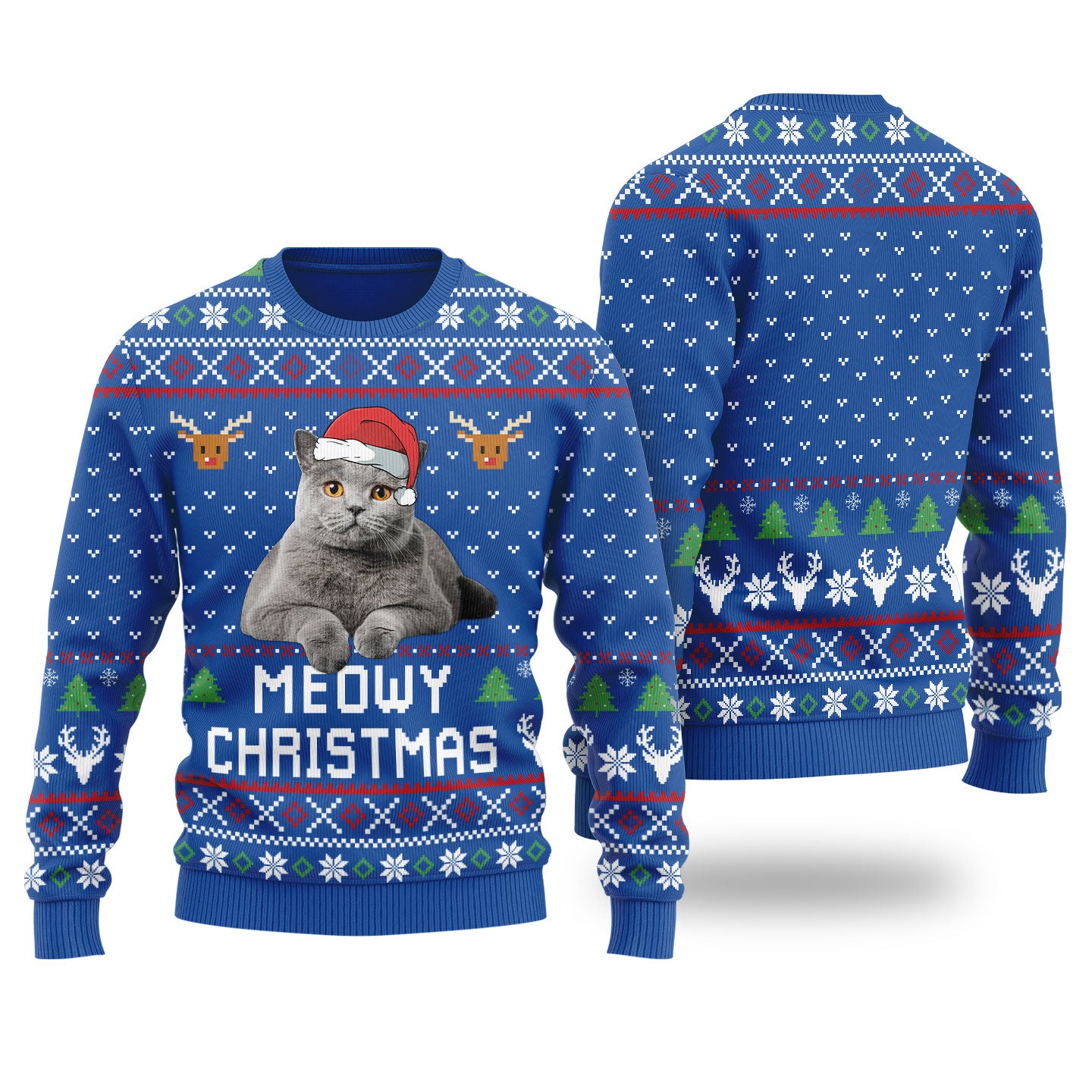 Meowy Christmas Custom Cat Christmas Sweater Royal - Funny Ugly Christmas Sweater