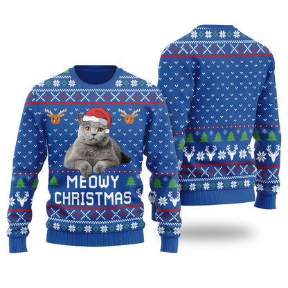 Meowy Christmas Custom Cat Christmas Sweater Royal - Funny Ugly Christmas Sweater