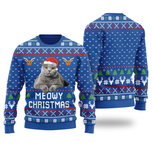 Meowy Christmas Custom Cat Christmas Sweater Royal - Funny Ugly Christmas Sweater