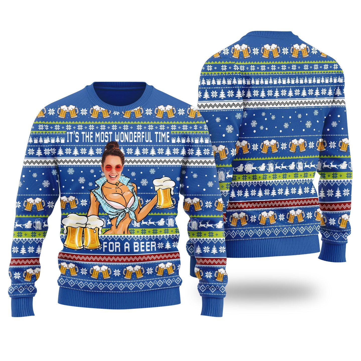 Itâ€™s The Most Wonderful Time For A Beer Custom Face Ugly Christmas Sweater Royal - Funny Ugly Christmas Sweater