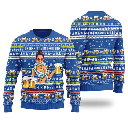 Itâ€™s The Most Wonderful Time For A Beer Custom Face Ugly Christmas Sweater Royal - Funny Ugly Christmas Sweater